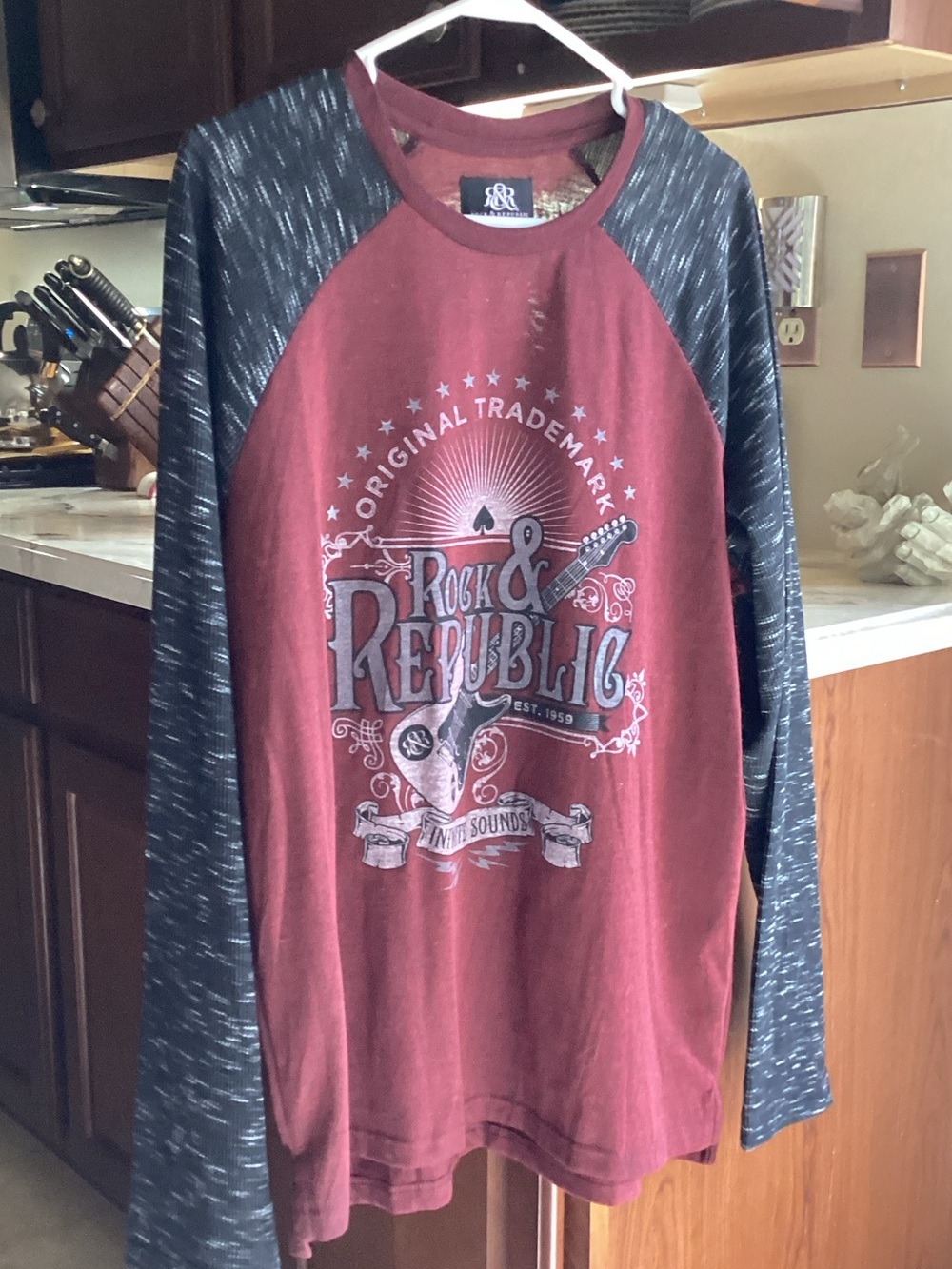 Rock & Republic Burgundy Raglan Long-Sleeve with Black Marled Sleeves
